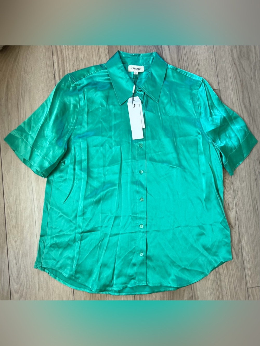 L’Agence Ellah Short Sleeve Button Down 100% Silk Blouse NWT Green Sz M